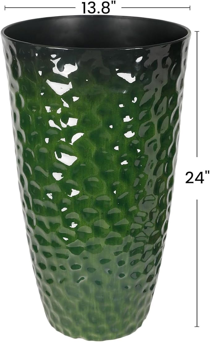 Worth 2 Pack 24" Tall Large Plastic Planter with Drainage Hole, Round Decorative Flower Plant Pit for Indoor or Outdoor Gardening, Glossy Green