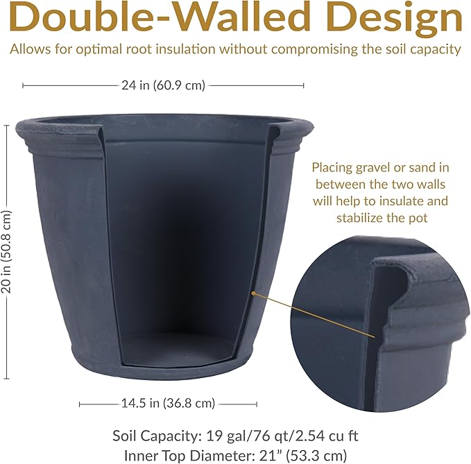 Sunnydaze 24-Inch Anjelica Large Plastic Pot for Plants - Outdoor Double-Walled Large Plastic Planter with Drillable Drainage Holes - Slate - 2pk