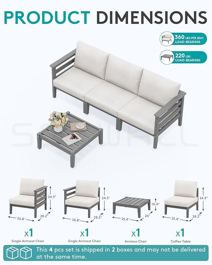 SERWALL HDPE Patio Furniture Set, 4 Pieces Outdoor Sectional Sofa Set, All-Weather Wood-Like Outdoor Sofa Couch with Coffee Table for Deck, Lawn, Grey Frame with Khaki Cushion