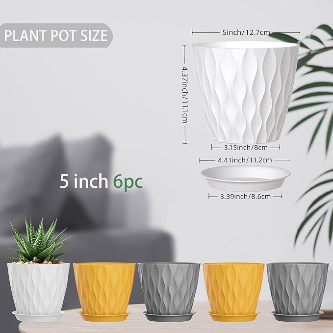 5 Inch Planter Pots, 6 Pack Indoor Planters, Small Flower Pots with Drainage Holes and Tray for Succulents, Orchids, Herbs and Other Indoor Plants (Orange+Grey+White, 5inch)