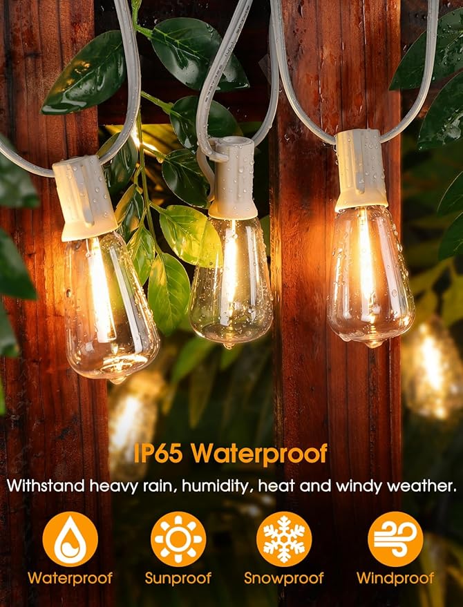 25FT Outdoor String Lights, Patio Lights with 10+1 2700K LED Dimmable Waterproof Outside Hanging ST38 Edison Bulbs for Backyard, White Cord