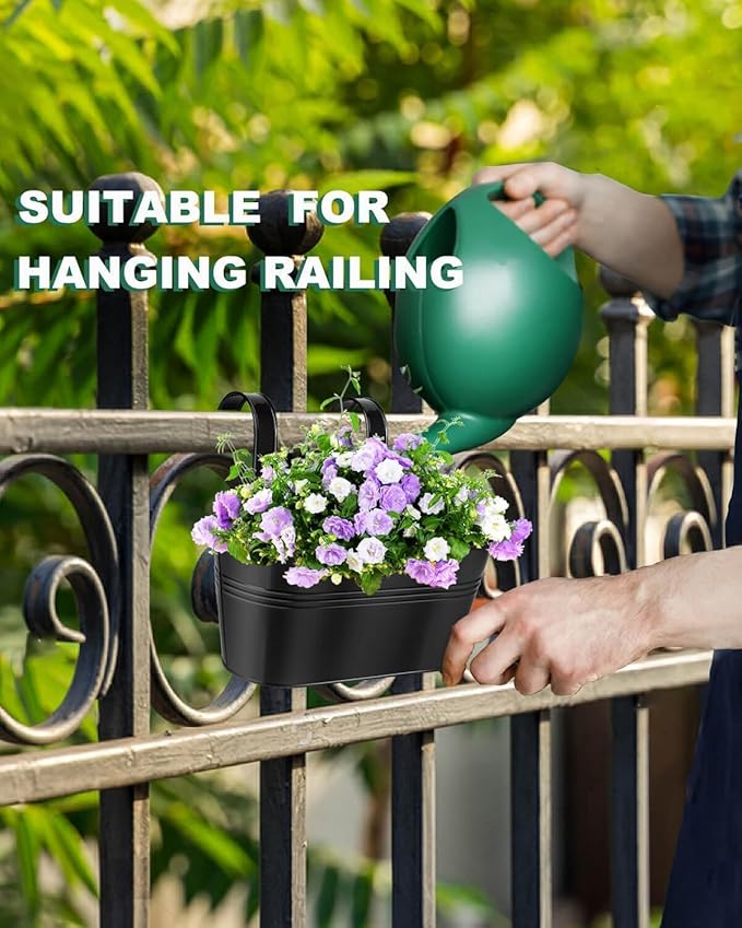 Metal Railing Planters for Outdoor Plants - 3 Pcs Balcony Hanging Flower Pots with Detachable Hooks & Drain Holes, Windowsill Oval Hanging Bucket Pots Fence Planters for Garden Home Decor, Black