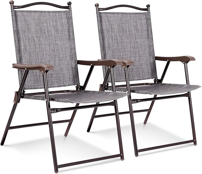 Giantex Set of 2 Patio Folding Chairs, Outdoor Patio Dining Chairs w/Armrest, Sling Back, Metal Frame, Outside Use for Lawn Camping Garden Pool Beach Yard Lounge, No Assembly, Grey
