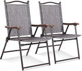 Giantex Set of 2 Patio Folding Chairs, Outdoor Patio Dining Chairs w/Armrest, Sling Back, Metal Frame, Outside Use for Lawn Camping Garden Pool Beach Yard Lounge, No Assembly, Grey