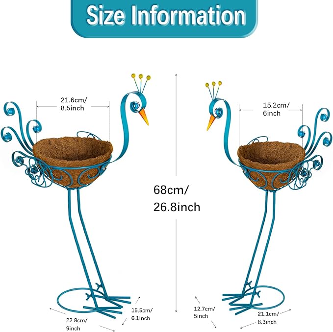 Set of 2 Blue Peacock Outdoor Planters with Basket, Metal Peacock Planter for Indoor Outdoor Garden Yard Decor