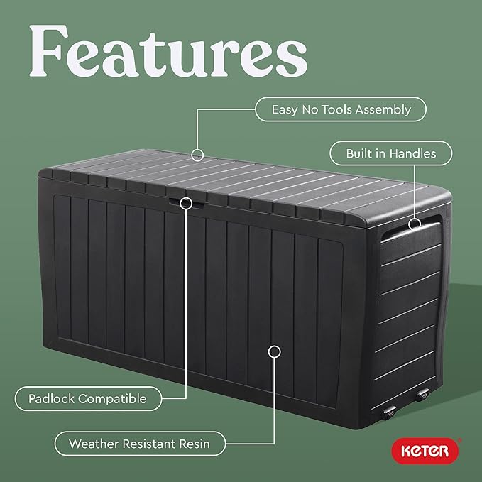 Keter Marvel Plus 71 Gallon Resin Outdoor Storage Box for Patio, Balcony & Garden – Weather‑Resistant Deck Box for Cushions, Pillows, Pool Floats & Tools, Dark Grey