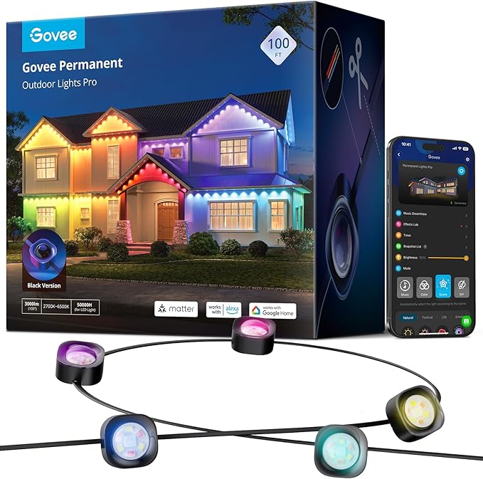 Govee Permanent Outdoor Lights Pro, 100ft with 60 RGBIC LED Lights for Daily and Accent Lighting, 75 Scene Modes for Outdoor Decor, IP67 Waterproof, Works with Alexa, Google Assistant, Matter, Black