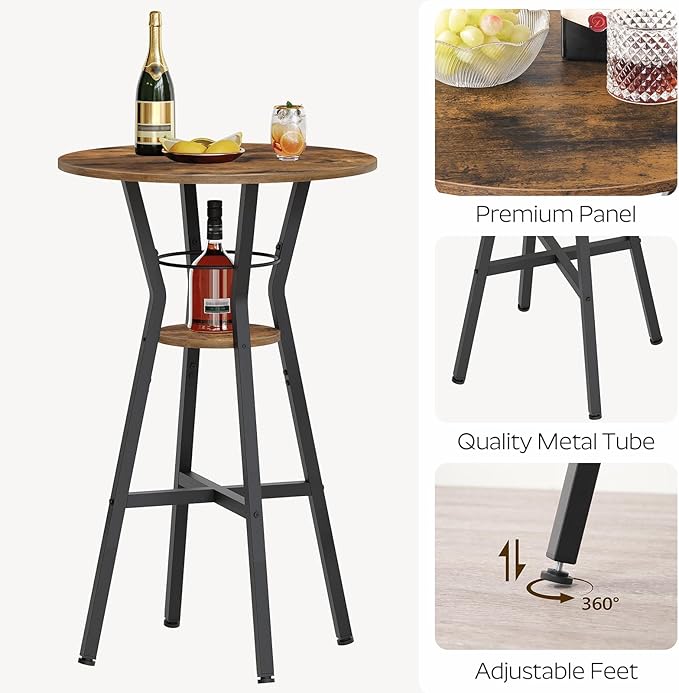 Bar Table, 2-Tier Round High Top Table, Pub Table, Home Bar Counter Height Tables, Bistro Tables, for Kitchen, Living Room, Meeting Room, Pub, Rustic Brown and Black BT03BR