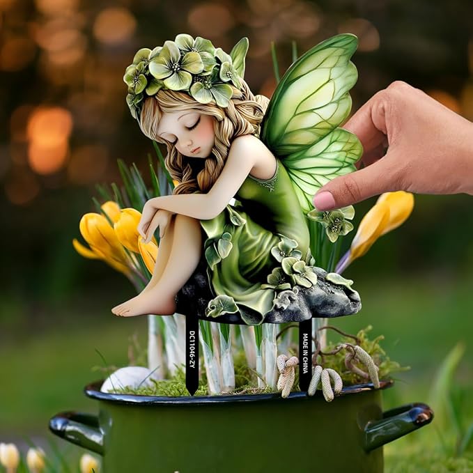 Fairy Garden Stake Decor, Acrylic 2D Garden Fairy Decoration, Fairy Garden Accessories for Outdoor Indoor Yard Lawn Pot Plants (Green Flower Fairy)