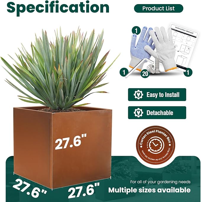 Corten Steel Planter Metal Square Planter 28 Inch Corten Planter Box Tall Cube Rustic Steel Planters for Outdoor Commercial Residential Garden Patio and Backyard