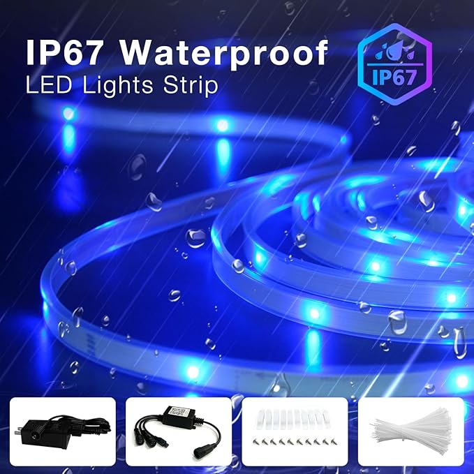 Outdoor LED Strip Lights Waterproof 100ft, IP67 Waterproof LED Light Strips with Remote, Music Sync APP Control, RGB Color Changing LED Lights for Eaves, Roof, Pool, Patio, Outdoor Decorations