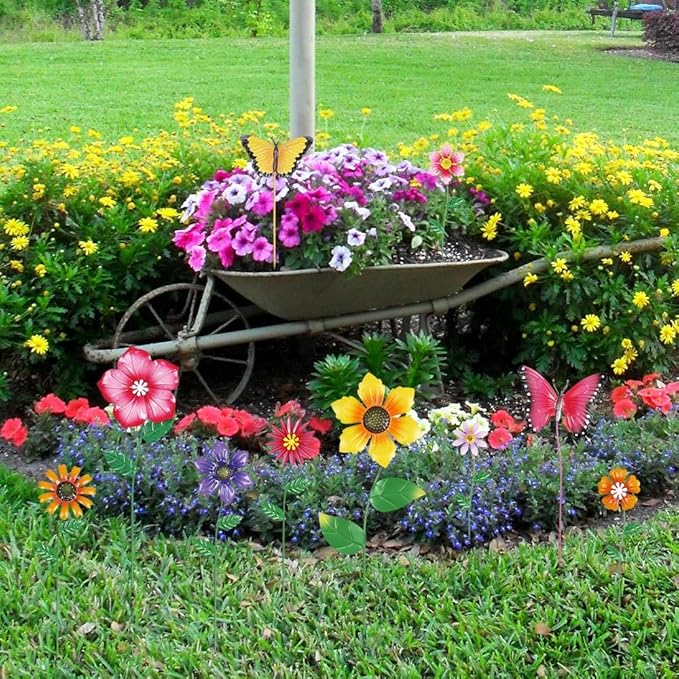 hogardeck Garden Decor for Outside, Set of 10 Metal Flowers Decorative Garden Stakes for Spring Decor, Yard Art Garden Decorations for Outdoor Lawn Porch Pathway (Multi-Color) (Color b)
