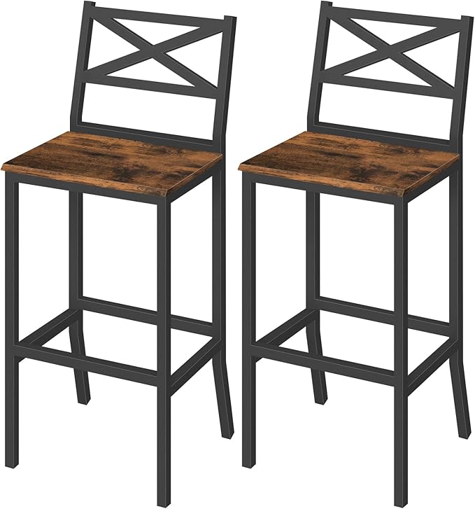 Bar Stools, Set of 2 Bar Chairs with Backrest and Footrest, 26" Tall Counter Bar Stools, Kitchen Breakfast Bar Chairs, Easy Assembly, for Dining Room, Rustic Brown BAHR0901N1