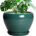 Ceramic Planter for Indoor Plants 10 Inch - Ceramic Plant Pot with Drainage Hole and Saucer, Glaze Round Modern Decorative Planter, Plant Lover Gifts, Home Room Office Decor, Green