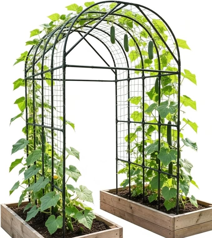 Garden Trellis Arch 7FT Tall – Plastic Coated Metal Arch Trellis for Climbing Plants Outdoor, Weather-Resistant Steel Garden Arch for Vegetables Cucumber Tomato, Raised Bed Trellis