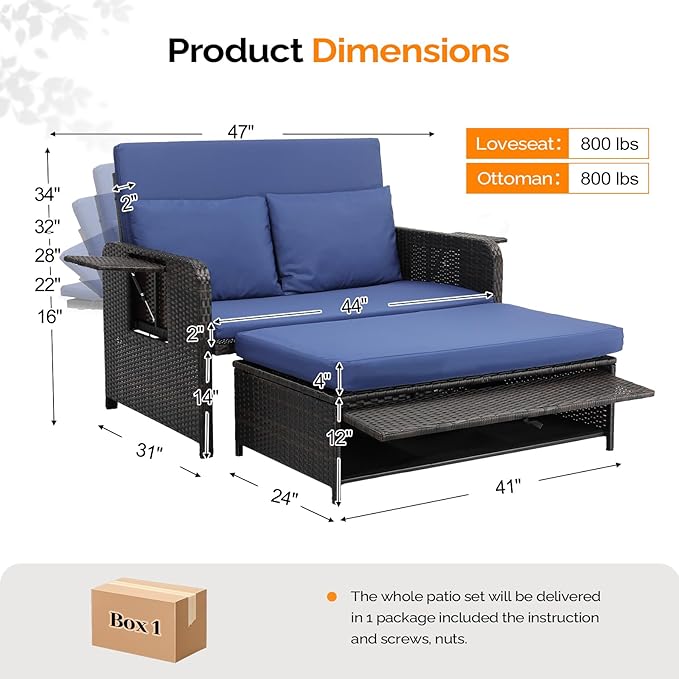 VINGLI Patio Daybed, Wicker Outdoor Daybed with Storage Ottoman & 5-Level Adjustable Backrest, All-Weather Rattan Cushioned Patio Loveseat Sofa for Garden Balcony Backyard (Navy, Brown)