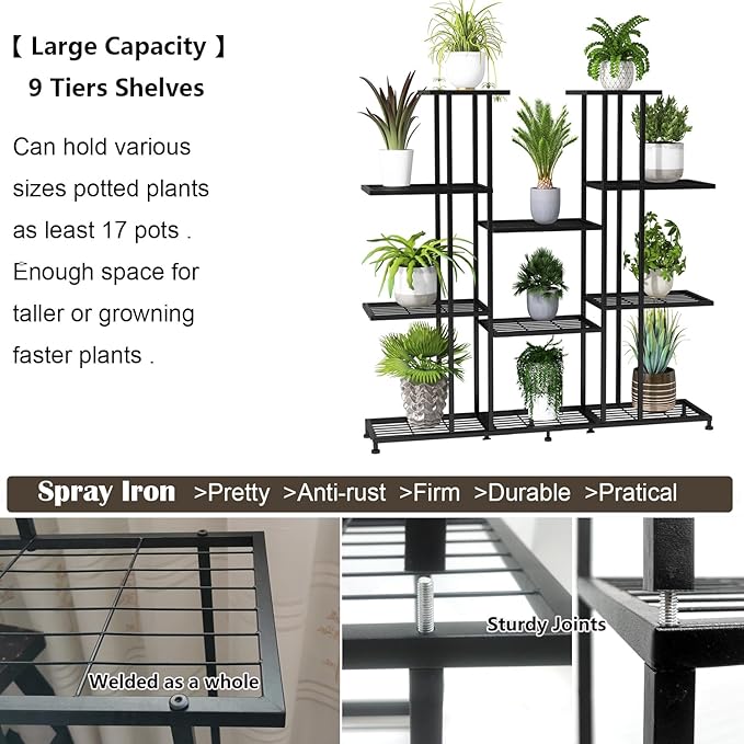 Twhep Heavy Duty Metal Plant Stand, large Multifunctional Plant Stand for Indoor Outdoor, for Tall Large Rack for Living Room Garden Balcony, Black(9 Tier)