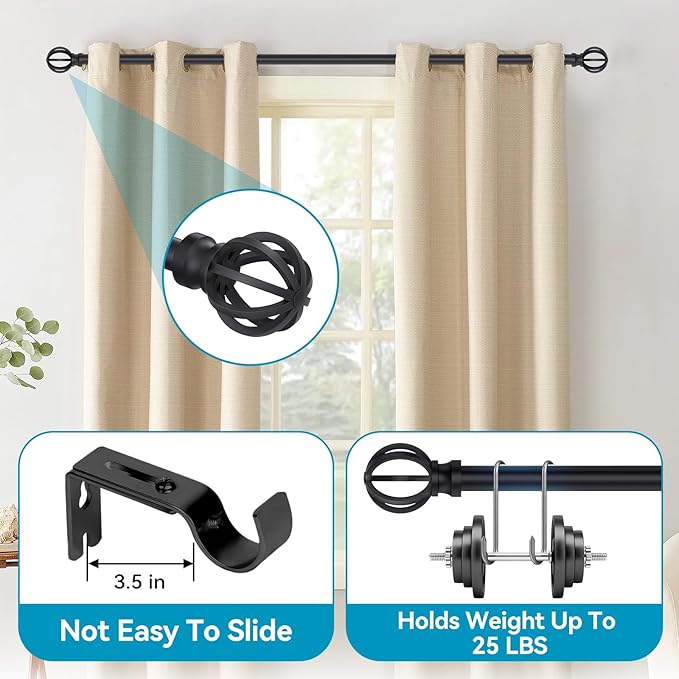 Black Curtain Rods for Windows 28 to 48 Inch, 5/8" Diameter Heavy Duty Metal Adjustable Small Drapery Rod With Bracket
