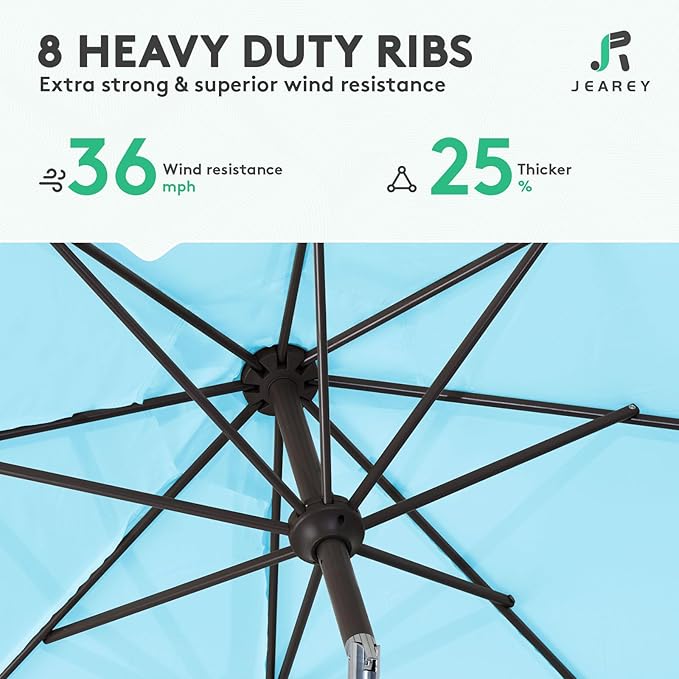 JEAREY 9FT Patio Umbrellas Outdoor Table Umbrella with Push Button Tilt and Crank, Market Umbrella 8 Sturdy Ribs UV Protection Waterproof for Garden, Deck, Backyard, Pool (Sky Blue)
