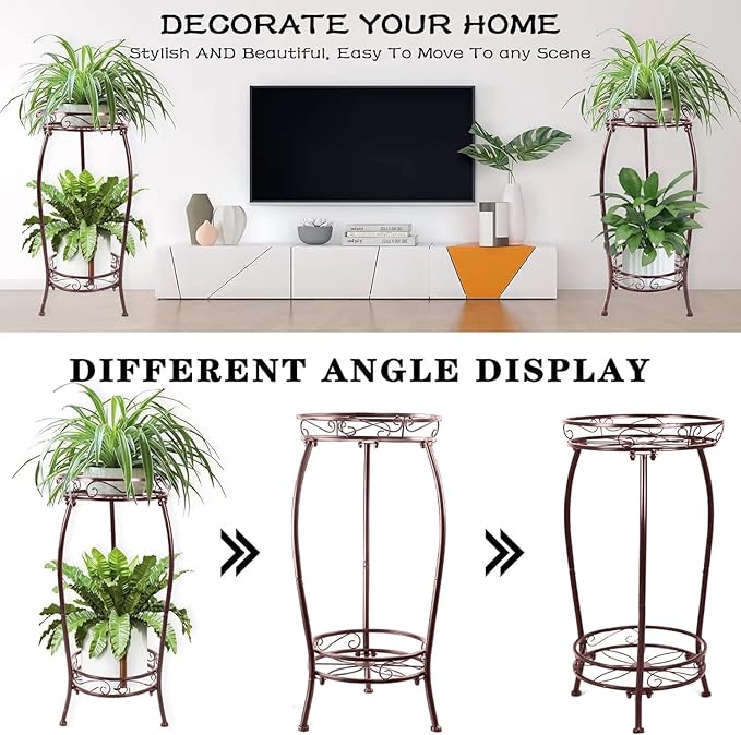 MOCORY Plant Stand Indoor Outdoor 2 Tier 27" Tall Metal Potted Holder Rack Flower Pot Stand Heavy Duty Plant Shelf Rustproof Iron Multiple Plant Round Supports Rack for Planter Corner Garden Balcony