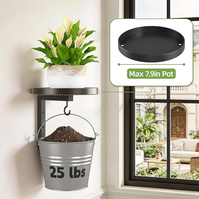 iDavosic.ly Wall Plant Holder Set of 2 for Outdoor with Drain Hole, Metal Hanger with 2 Hooks, Floating Flower Display Stand for Window, Space Saving & Easy to Assemble (Pots/Plants Not Included)