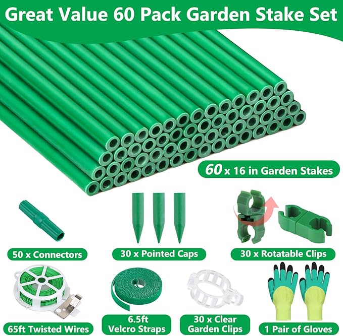Lezmarket 60 Pack Garden Tomato Stakes(16" Each), Plant Support Stakes, DIY 4ft 5ft 6ft 7ft Sturdy Fiberglass Plant Sticks Support Garden Trellis for Growing Climbing Tomato Vegetables Flowers