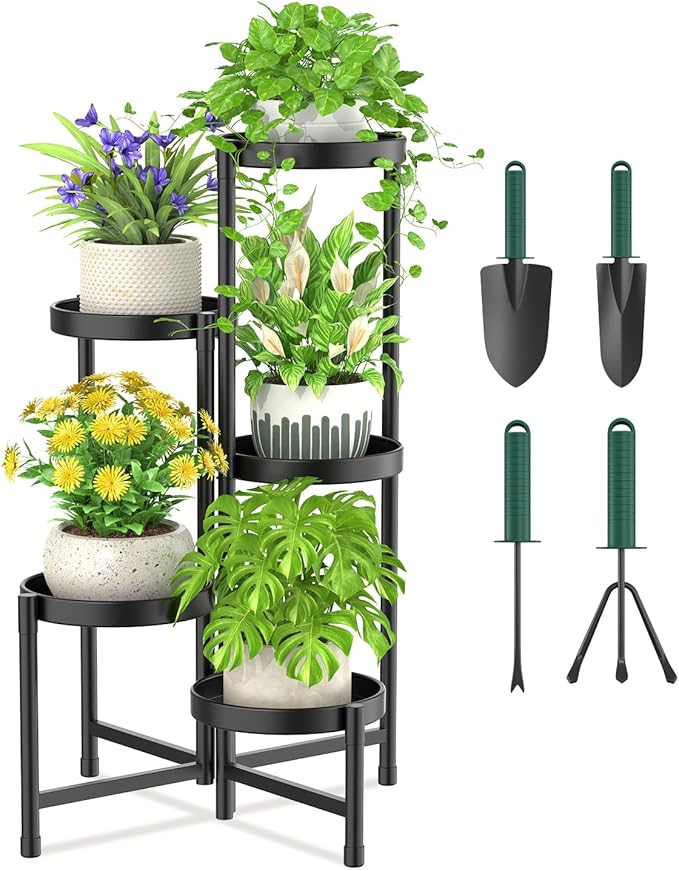 iDavosic.ly Plant Stand with Garden Tools, 5 Tier Corner Metal Flower Display Holder Shelf Indoor Outdoor, Easy Assembly Folding Tall Orchid Rack for Patio Balcony Porch Living Room House, Black