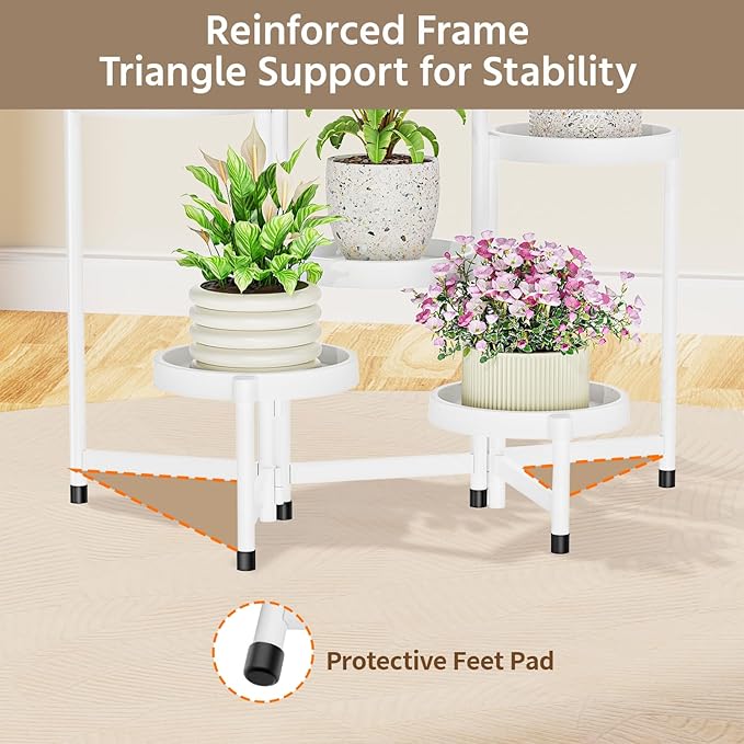 LASZOLA 6 Tiered Folding Plant Stand Indoor for Multiple Large Planter, Tall Heavy Duty Adjustable Rack with Rust Proof Plastic Shelving, Sturdy Vertical Tree Organizer for Narrow Inside Floor, White