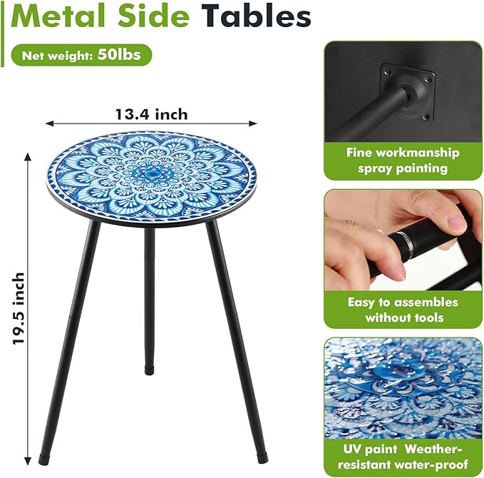 2 Packs Metal Mosaic Round Side Tables 13.4" Small Outdoor Patio Round Accent Coffee Tables Indoor Corner Stand for Small Spaces Weather-Resistant for Balcony, Porch Plant Stands Indoor, Blue Mosaic