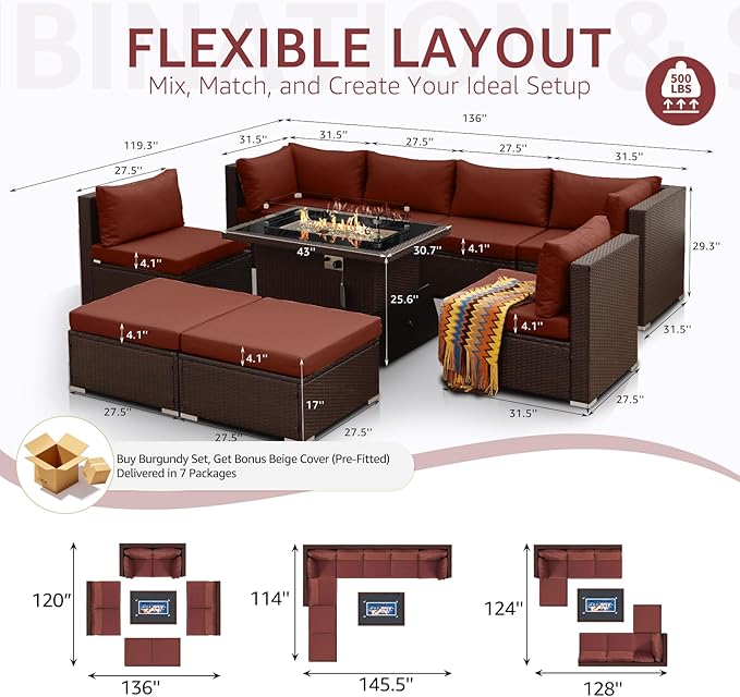 NICESOUL 9 Pcs Large Outdoor Patio Furniture Set with Firepit Natural Gas & Propane, 29.3 High Back Comfy Conversations Sofa Sets Modular, Wide Sectional for Heavy Weight, Brown Rattan and Red Cushion