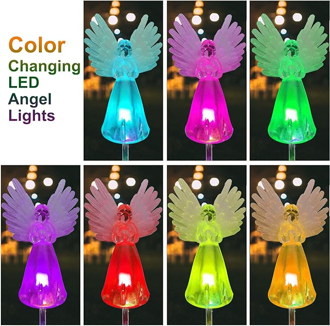 2 Pack Solar Angel Lights Outdoor Decor, Decorative Color Changing Waterproof LED Angel Stake Lights for Cemetery Grave Garden Patio Yard Art Lawn Decoration, Grave Markers, Memorial Gifts