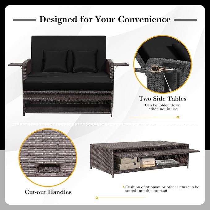 Tangkula Patio Rattan Daybed with 4-Level Adjustable Backrest, Outdoor PE Wicker Loveseat with Storage Ottoman & Folding Side Tray, Double Sunbed Lounger for Balcony, Backyard & Poolside, Black