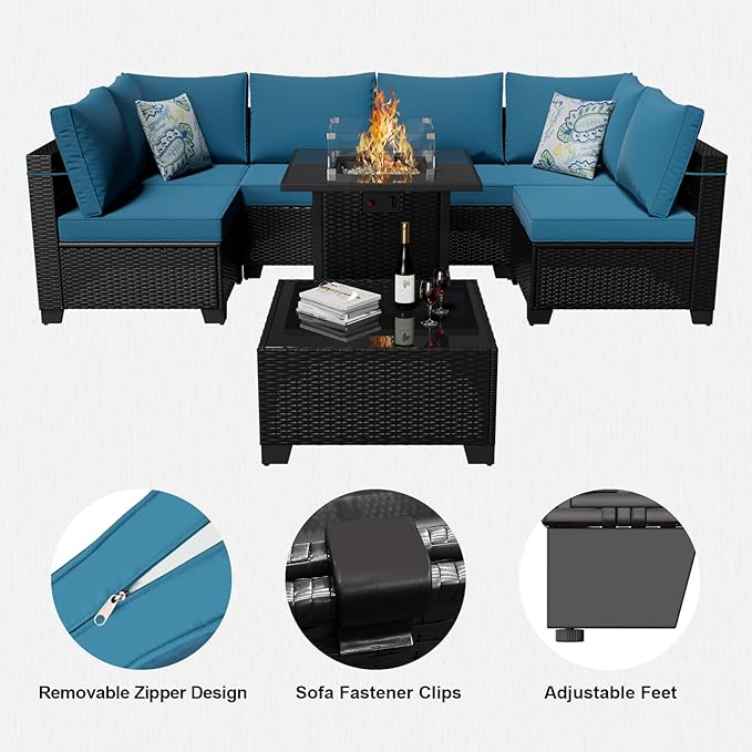 8 Piece Patio Furniture Set with Fire Pit Table, Rattan Outdoor Sectional Sofa, Durable Conversation Set for Backyard, Garden, Deck (Coffee/Peacock Blue)