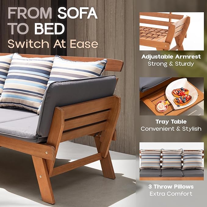 IDZO Amelie Eucalyptus Convertible Outdoor Sofa, 750lbs Capacity Patio Couch with Folding Armrest & Coffee Tray, FSC Certified Wood Furniture Set with 3 Pillows, High Static Load - Gray