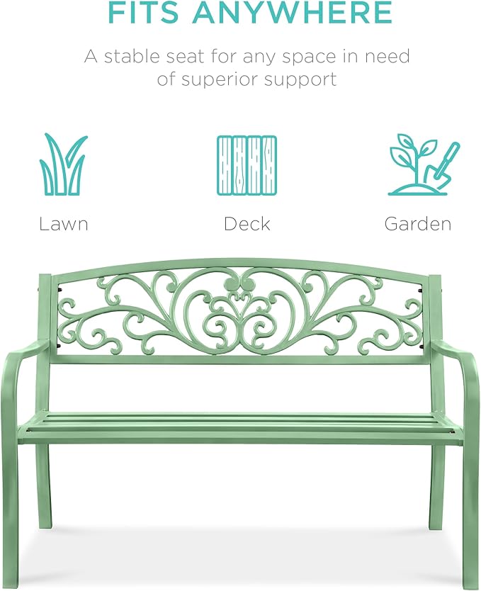 Best Choice Products Outdoor Bench Steel Garden Patio Porch Furniture for Lawn, Park, Deck w/Floral Design Backrest, Slatted Seat - Mint Green
