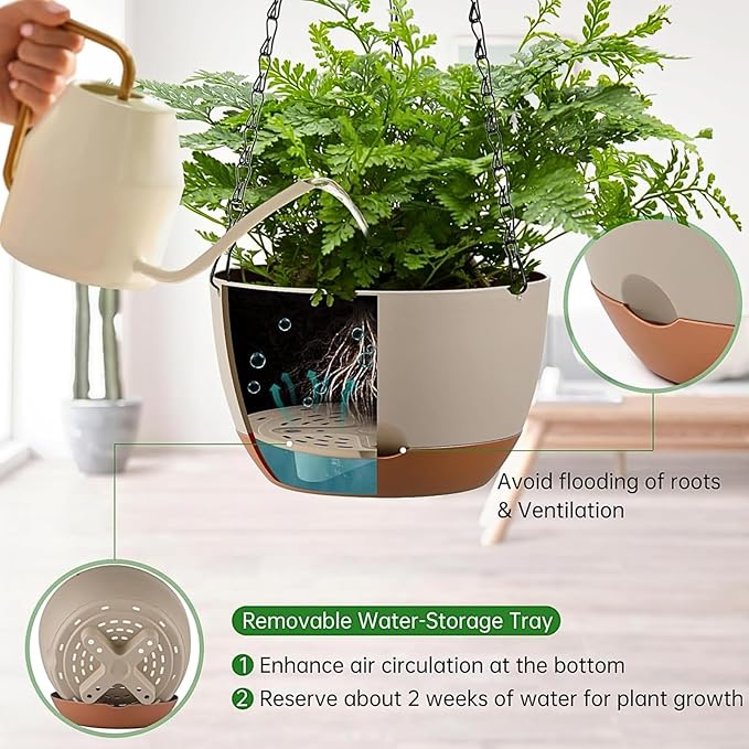 Hanging Planters for Indoor Plants, Set of 2 8/10 Inch Self-Watering Hanging Pots with Drainage Hole & Removable Water-Storage Tray II Screw-in Hooks