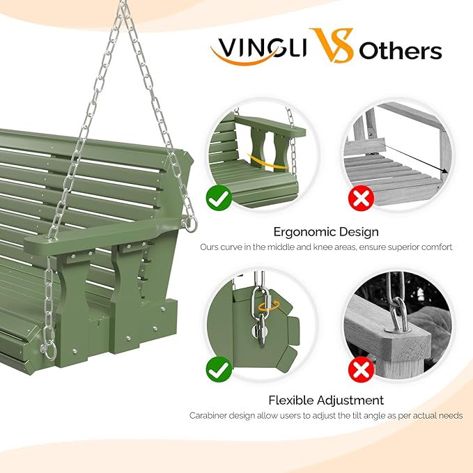VINGLI Upgraded Patio Wooden Porch Swing for Courtyard & Garden, Heavy Duty 880 LBS Swing Chair Bench with Hanging Chains for Outdoors (Green, 5 FT)