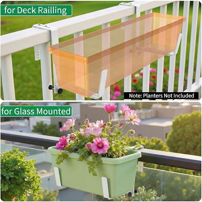 Window Box Brackets, Adjustable Planter Box Brackets, Heavy Duty Iron Flower Box Brackets for Railings, with Enhanced Bottom Support - Perfect for Balconies, Fences, and Gardens (White, 2 Pack)