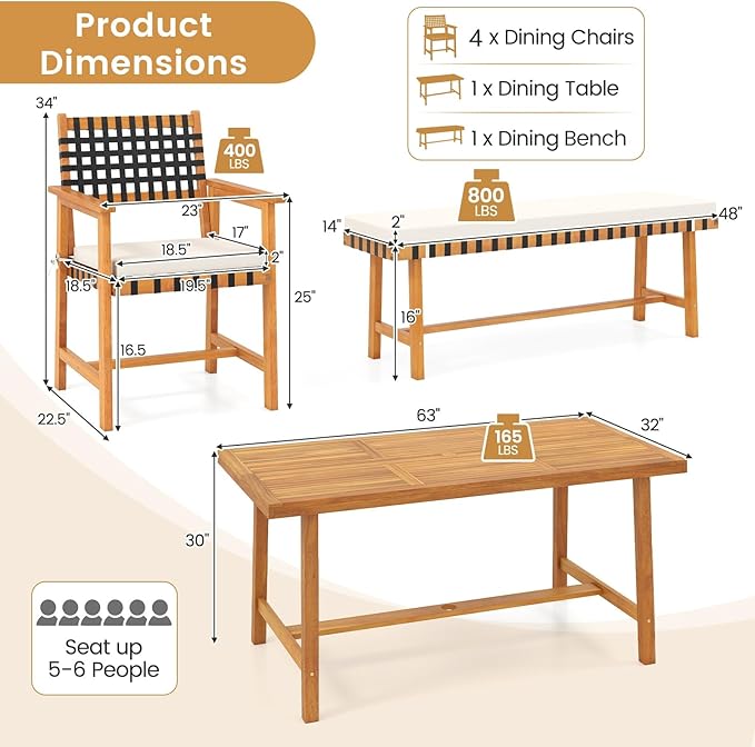 Tangkula 6 Piece Patio Dining Set for 5-6 People, 63” Outdoor Acacia Wood Table with 1.97” Umbrella Hole & Bench & 4 Cushioned Armchairs, for Deck Yard and Poolside