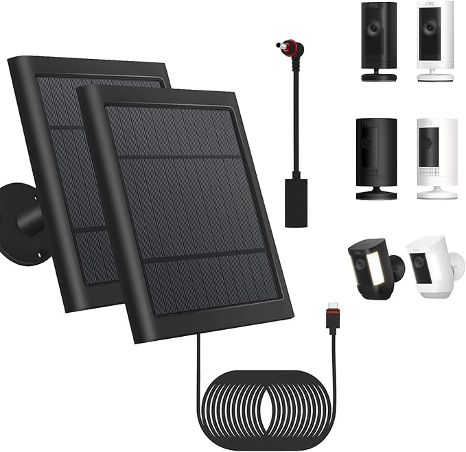 2 Pack - Solar Panel for Ring Security Camera Spotlight Cam Plus/Pro(Battery) Stick Up Cam/Pro Wireless Outdoor with 10FT/3M Long Cable Dustproof Waterproof BK