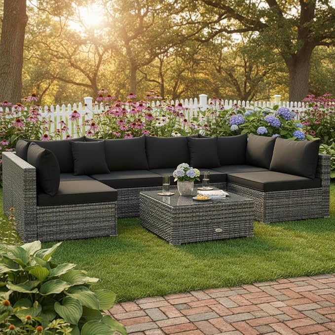 Tangkula 7 Pieces Patio Rattan Furniture Set, Patiojoy Outdoor Conversation Set with Cushions and Tempered Glass Coffee Table, All-Weather Sectional Sofa Set for Garden, Lawn, Backyard (Black)