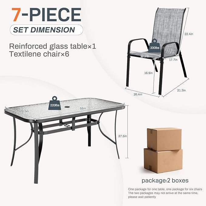TLSUNNY 7 Pieces Patio Dining Set, Outdoor Table and Chairs W/1.69″ Umbrella Hole, 30"X 55" Table and Stackable Textilene Chair, All Weather Patio Furniture Set (Umbrella not Included) (Grey)