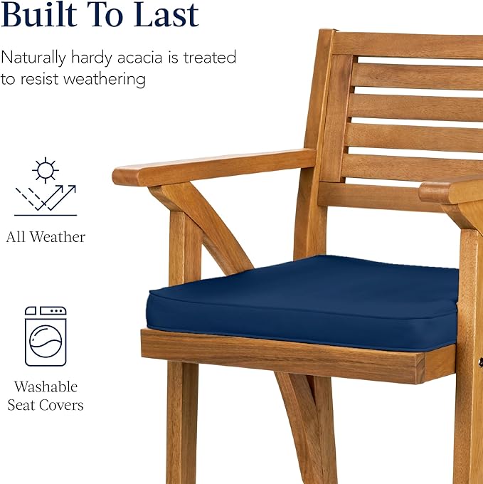 Best Choice Products Set of 2 Outdoor Acacia Wood Bar Stools Bar Chairs for Patio, Pool, Garden w/Weather-Resistant Cushions - Navy