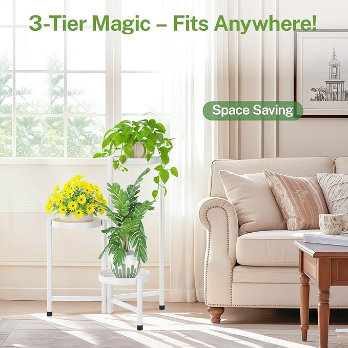 iDavosic.ly Plant Stand Indoor Outdoor, 3 Tier Corner Metal Flower Display Holder Shelf, Easy Assembly Folding Tall Orchid Rack for Patio Balcony Porch Garden Living Room House, White