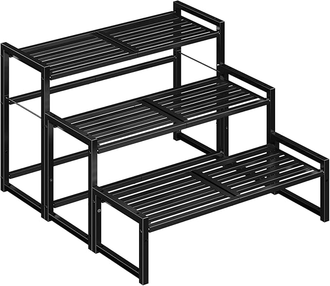 3-Tier Metal Plant Stand, Heavy Duty Waterproof Indoor Outdoor Stackable Shelf, Tall Flower Pot Holder & Display Rack for Garden, Black