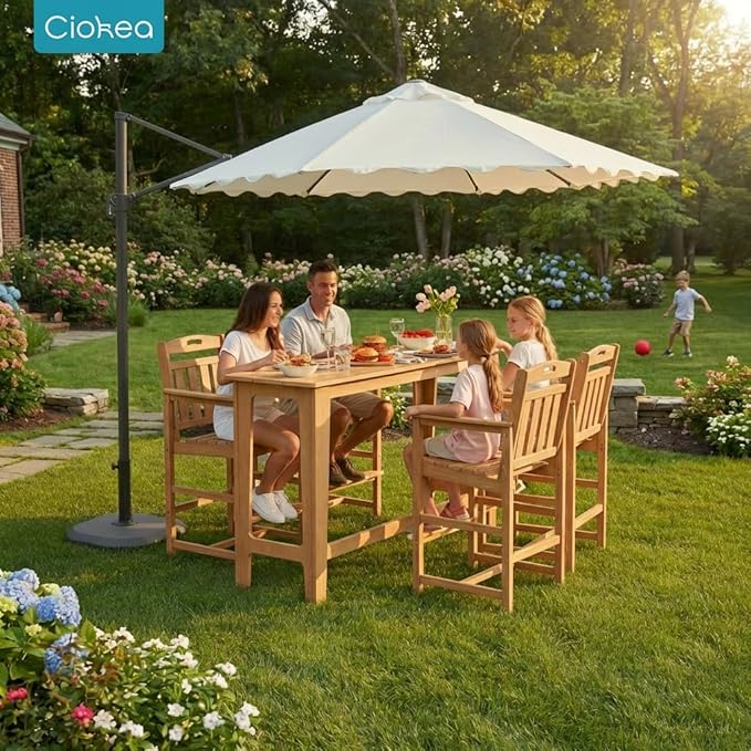 Ciokea 3 Pcs Outdoor Bar Height Table Set, 60" Extra Long Rectangle High Top Table and 2 Oversized Adirondack Chairs Set, Heavy-Duty All-Weather HDPE Patio Bar Set for Backyard Balcony Deck, Teak