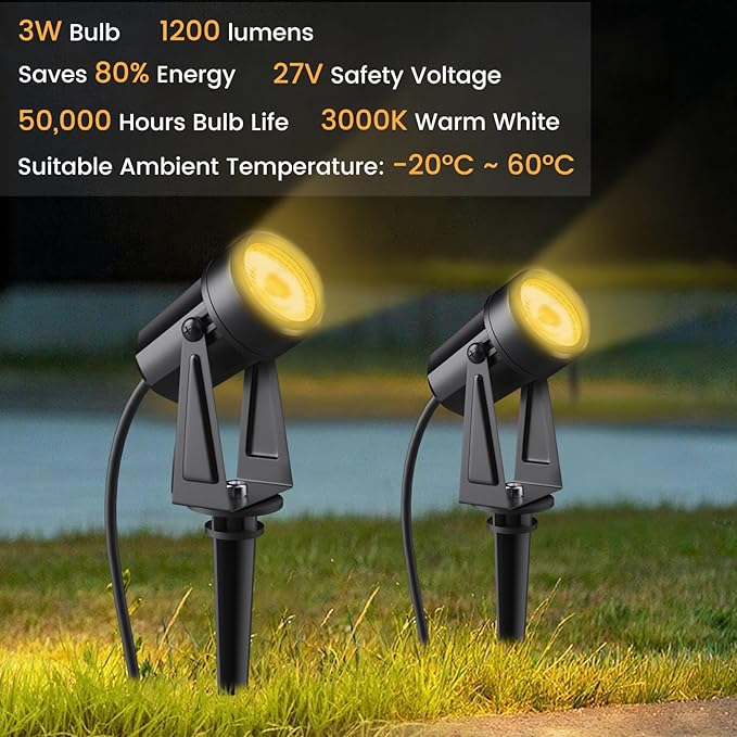 Low Voltage Landscape Lighting,4 Pack Outdoor LED Landscape Spotlights with Transformer 27V Garden Lights Pathway Lights IP65 Waterproof 3000K Warm White
