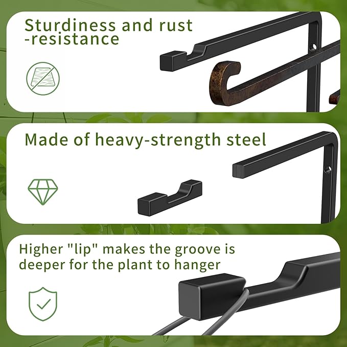 2 Pack 8 Inch Plant Hanger Hooks for Indoor Hanging Plants, Heavy Duty Steel Hanging Plant Brackets Wall Mount Hooks for Hanging Bird Feeders Flower Basket Wind Chime Solar Lanterns Outdoor, Black