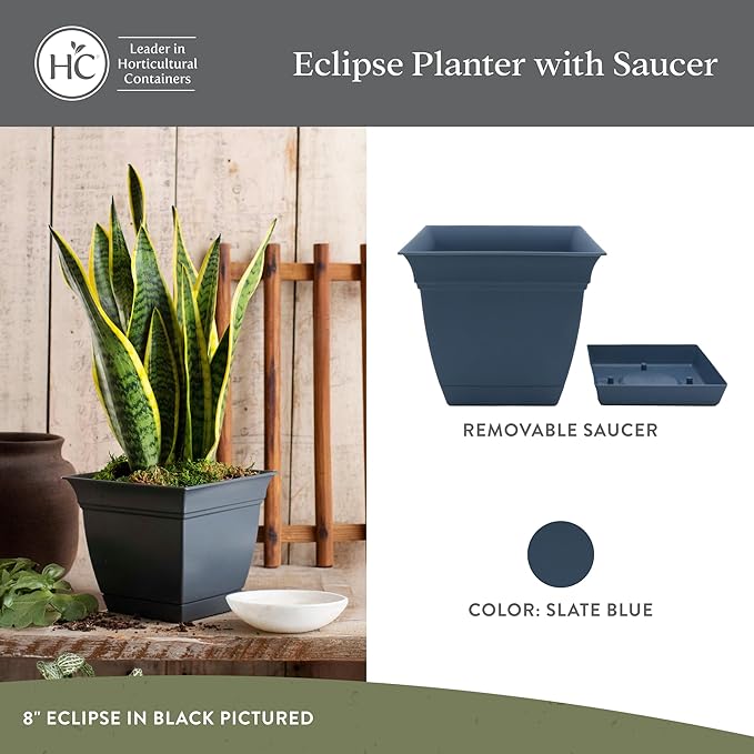 The HC Companies 10 Inch Eclipse Square Planter Pots with Drainage Holes & Attached Saucer, Lightweight UV-Resistant Plastic Indoor Outdoor Planters, 2-Pack Flower Pots, Garden Home Decor, Slate Blue