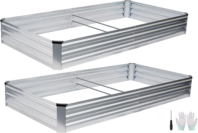 Galvanized Raised Garden Bed Outdoor | Metal Raised Garden Bed for Gardening 2Pack | Large Planter Box for Vegetables Flowers Fruits | Easy Assembly & Safety Design Flower Beds 8x4x1ft Silver